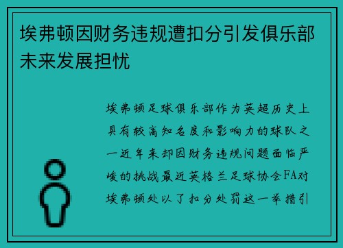埃弗顿因财务违规遭扣分引发俱乐部未来发展担忧 埃弗顿因财务违规遭扣分引发俱乐部未来发展担忧