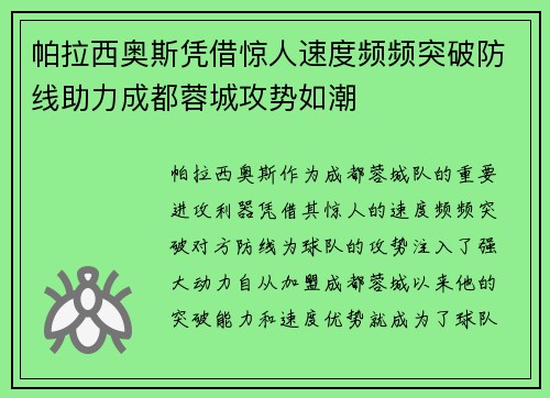 帕拉西奥斯凭借惊人速度频频突破防线助力成都蓉城攻势如潮